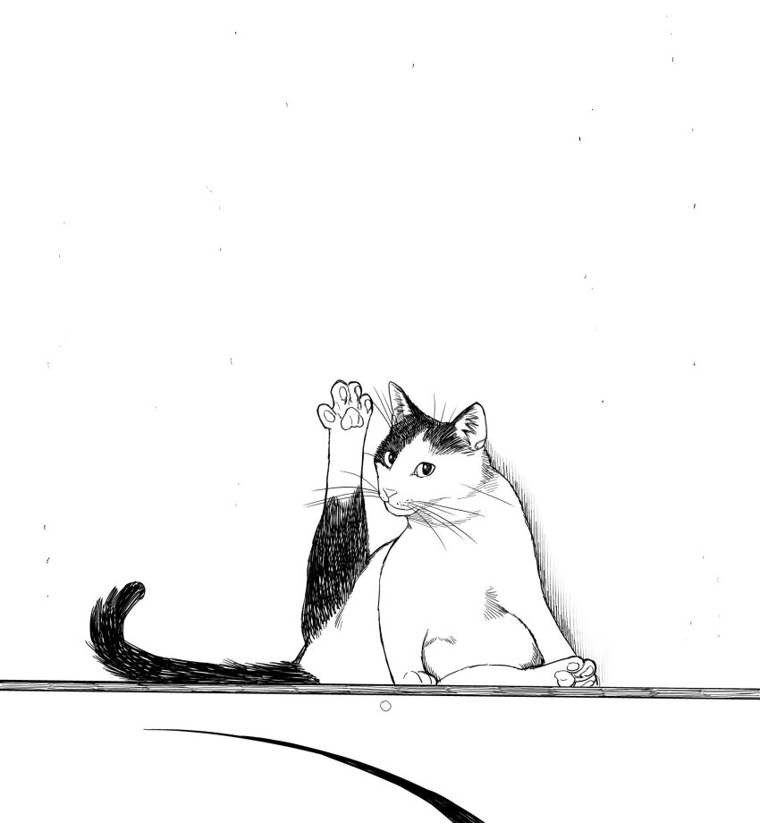 animal animal_focus cat closed_mouth commentary_request full_body greyscale highres korean_commentary looking_at_viewer monochrome multicolored_cat no_humans original paw_up pawpads sat0_manga simple_background whiskers white_background