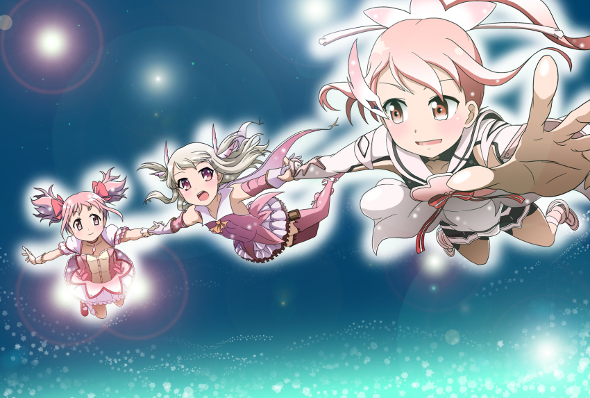 3girls :d armpits bike_shorts black_shorts boots bow collarbone crossover detached_sleeves fate/kaleid_liner_prisma_illya fate_(series) feather_hair_ornament feathers floating_hair flying full_body gloves hair_bow hair_ornament hairpin highres holding_hands illyasviel_von_einzbern interlocked_fingers kaname_madoka kaname_madoka_(magical_girl) layered_skirt lens_flare long_hair long_sleeves mahou_shoujo_madoka_magica mahou_shoujo_madoka_magica_(anime) miniskirt multiple_girls open_mouth outstretched_arms outstretched_hand pink_boots pink_bow pink_eyes pink_feathers pink_hair pink_shoes pink_sleeves pleated_skirt prisma_illya red_eyes sailor_collar shirt shoes short_shorts shorts silver_hair skirt sleeveless sleeveless_shirt smile strapless takaya_n thigh_boots thighhighs trait_connection twintails white_gloves white_sailor_collar white_skirt yellow_shirt yuuki_yuuna yuuki_yuuna_wa_yuusha_de_aru yuusha_de_aru zettai_ryouiki