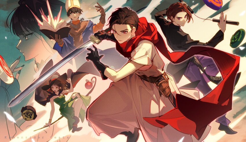 2girls 3boys alternate_costume alternate_hairstyle alternate_universe animal_ears azuma_michinaga beads black_footwear black_gloves boots broom broom_riding brown_gloves brown_hair cat cat_ears cleric doran_(doran7280) dress fantasy gloves green_dress hat highres holding holding_sword holding_weapon id_core kamen_rider kamen_rider_geats_(series) kurama_neon magic multiple_boys multiple_girls nunchaku pants party ponytail prayer_beads priest purple_eyes purple_pants red_scarf sakurai_keiwa scarf sheath sword thief tsumuri_(kamen_rider_geats) ukiyo_ace warrior weapon witch witch_hat