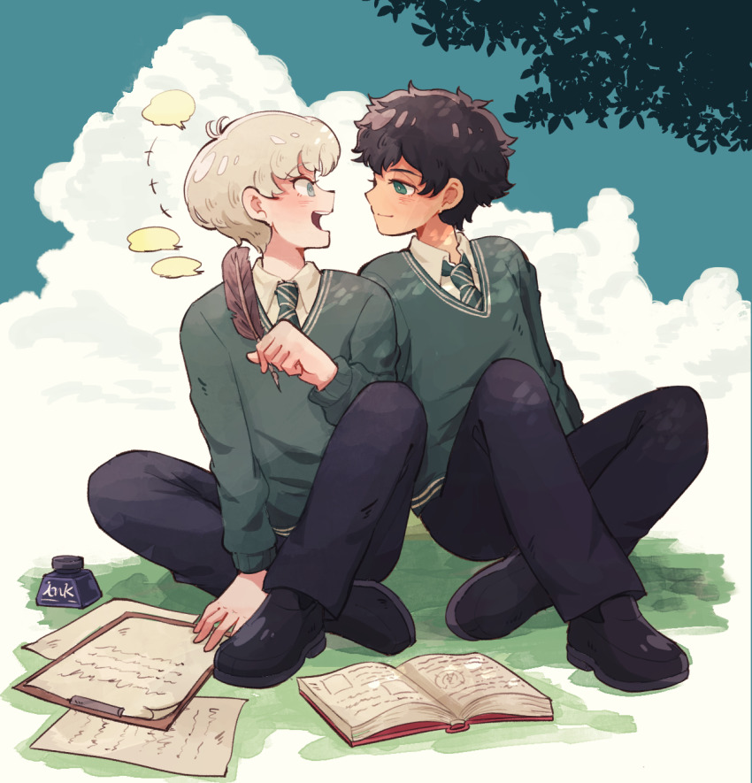 2boys albus_severus_potter amazou black_hair blonde_hair blue_eyes book eye_contact green_eyes harry_potter_(series) harry_potter_and_the_cursed_child highres hogwarts_school_uniform holding holding_quill inkwell inkwell looking_at_another multiple_boys necktie paper quill school_uniform scorpius_malfoy short_hair sitting slytherin smile wizarding_world