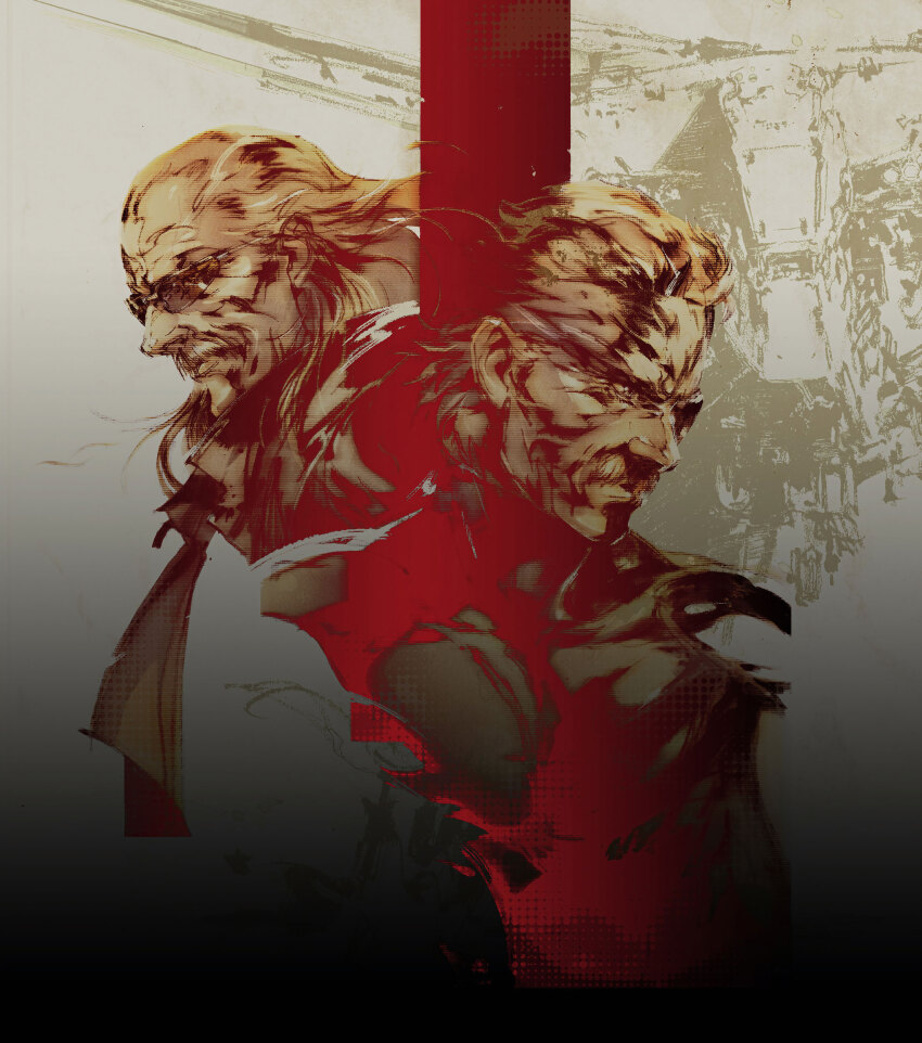 2boys absurdres bandana box_art coat eyepatch facial_hair floating_head glasses grey_hair headband highres liquid_ocelot long_hair male_focus metal_gear_(robot) metal_gear_(series) metal_gear_solid_4:_guns_of_the_patriots multiple_boys mustache official_art old old_man old_snake promotional_art shinkawa_youji sneaking_suit solid_eye white_hair