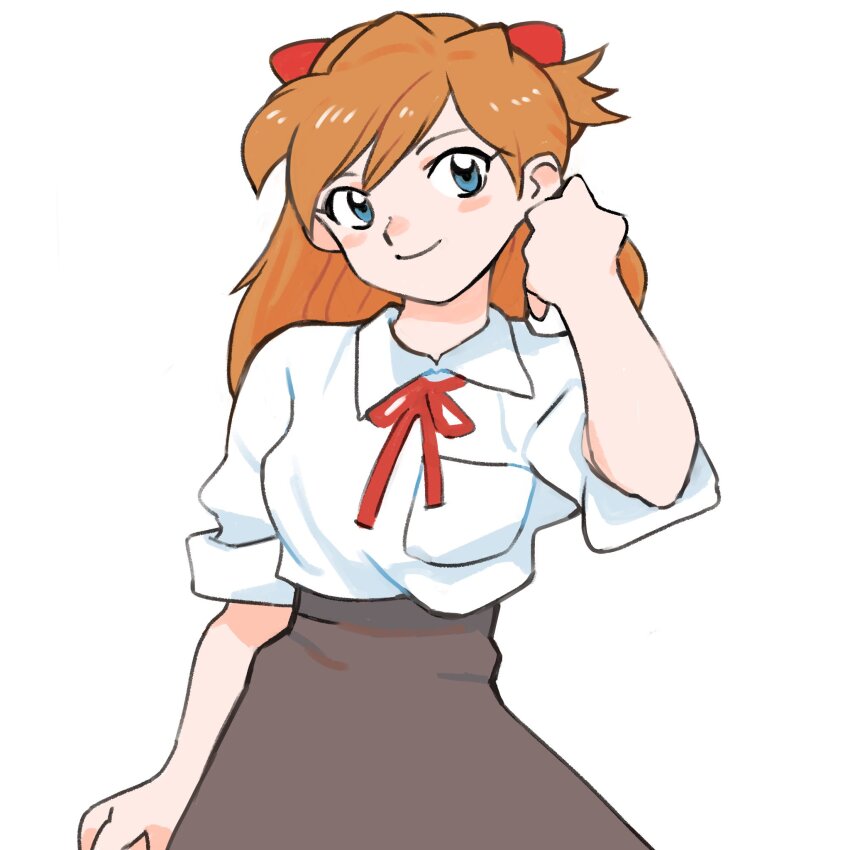 1girl arm_at_side black_skirt blue_eyes breast_pocket closed_mouth collared_shirt gan2 hand_up high-waist_skirt highres interface_headset_(evangelion) long_hair neck_ribbon neon_genesis_evangelion orange_hair pocket red_ribbon ribbon shirt short_sleeves simple_background skirt smile solo souryuu_asuka_langley white_background white_shirt
