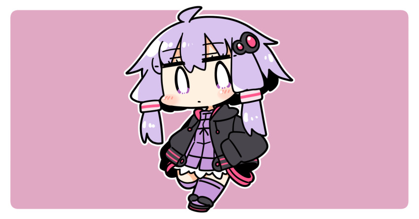 0_0 1girl ahoge black_hoodie black_shoes blush border chibi chibi_only closed_mouth dress full_body hair_ornament hood hood_down hoodie ini_(inunabe00) long_sleeves looking_at_viewer open_clothes open_hoodie outline outside_border pink_background purple_dress purple_eyes purple_hair purple_thighhighs shoes short_hair_with_long_locks simple_background solo standing thighhighs vocaloid voiceroid white_border white_outline yuzuki_yukari