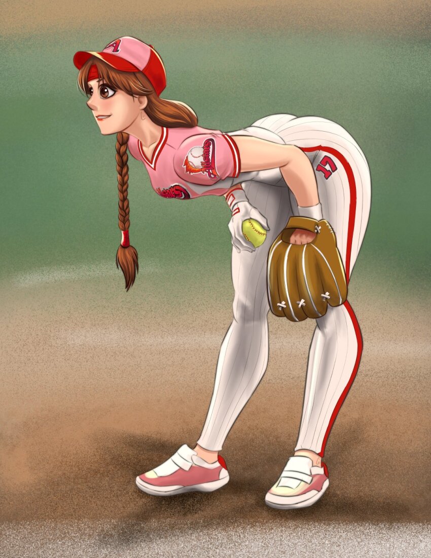 1girl ass baseball baseball_cap baseball_glove baseball_stadium baseball_uniform bend bent_over braid braided_ponytail brown_eyes brown_hair codec111 codec_111 dat_ass_(meme) female_focus gloves hat headband highres huge_ass outdoors pants ponytail shirt shoes smile smiley_face sportswear standing the_king_of_fighters thick_thighs thighs wide_hips yuri_sakazaki