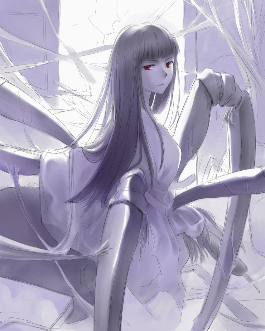 1girl arachne arthropod_girl atlach-nacha black_hair blunt_bangs ekimmu female_focus highres hirasaka_hatsune indoors insect_girl light_smile long_hair long_sleeves looking_at_viewer monster_girl purple_theme red_eyes silk smile solo spider_girl spider_web spot_color taur window