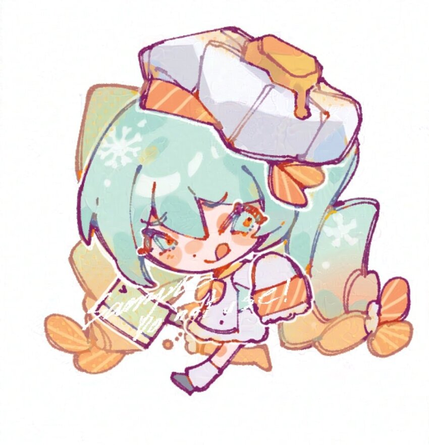 1girl :q apron aqua_eyes aqua_hair beret black_shoes blush_stickers buttons chibi cleaver closed_mouth commentary crumbs dress english_commentary eyelashes food food-themed_clothes food-themed_hair_ornament frilled_dress frilled_sleeves frills full_body furrowed_brow hair_ornament hat hatsune_miku holding holding_cleaver leg_warmers long_hair long_sleeves looking_at_viewer myun_(myun_art) orange_pupils sample_watermark shoes short_dress shrimpku simple_background sleeves_past_fingers sleeves_past_wrists smile snowflake_hair_ornament solo striped_wristband tempura tongue tongue_out twintails very_long_hair vocaloid watermark white_apron white_background white_dress white_hat white_leg_warmers white_sleeves wristband yuki_miku yuki_miku_(2024)_(applicant)