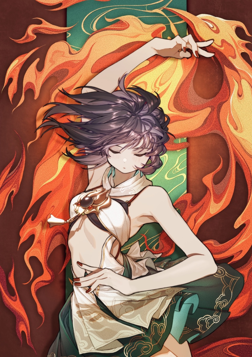 1girl arm_up armpits bandeau bare_arms bare_shoulders black_bra black_hair blush bra breasts closed_eyes commentary_request cowboy_shot cyta_celest green_skirt highres honkai:_star_rail honkai_(series) midriff miniskirt nail_polish red_nails short_hair skirt small_breasts solo standing stomach underwear yunli_(honkai:_star_rail)