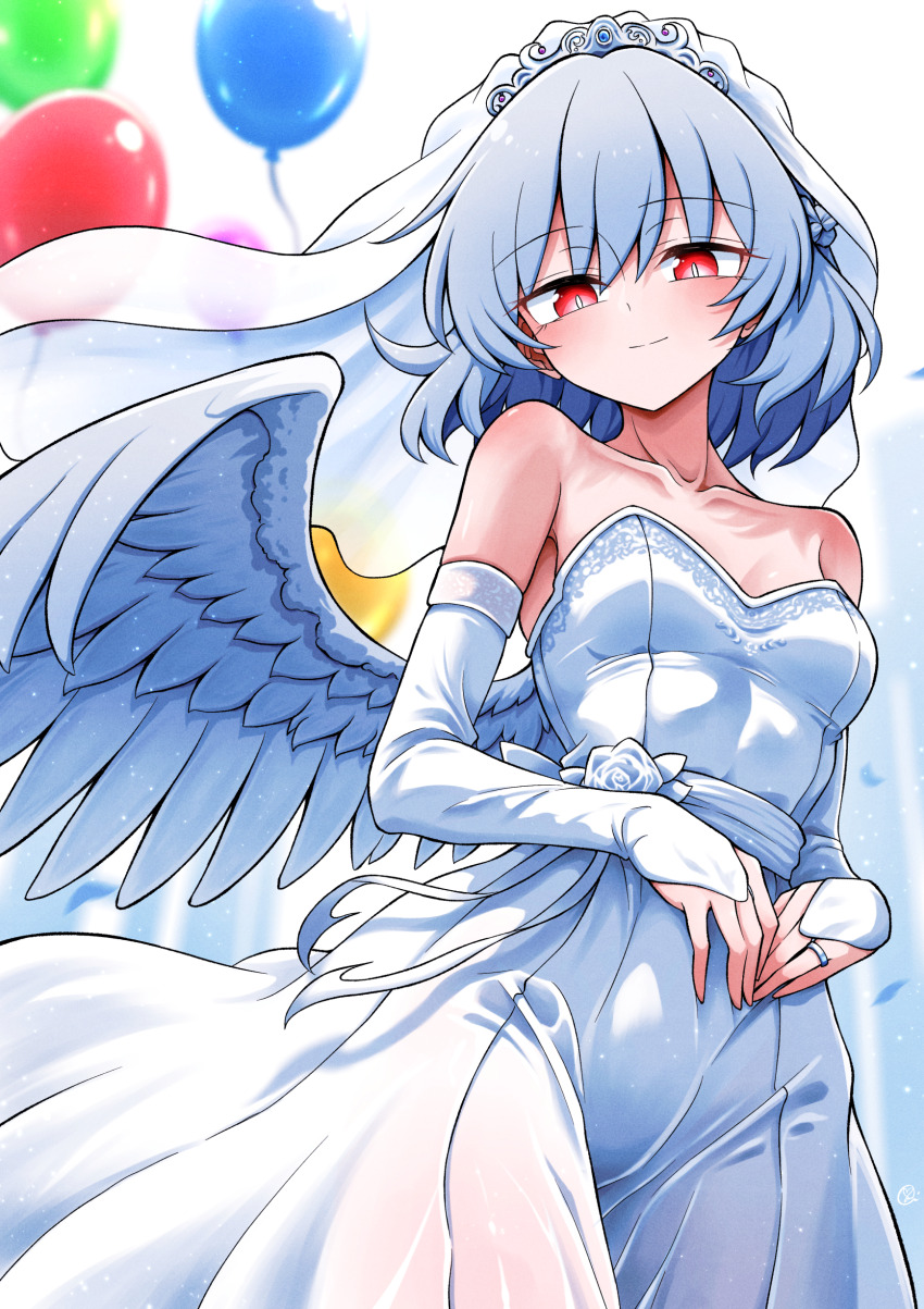 1girl absurdres balloon breasts bridal_veil closed_mouth collarbone commentary_request commission cowboy_shot detached_sleeves dress feathered_wings grey_hair hair_between_eyes highres jewelry kishin_sagume looking_at_viewer medium_breasts red_eyes ring scavia10 short_hair single_wing skeb_commission smile solo strapless strapless_dress touhou veil wedding_dress white_dress white_sleeves white_veil wings