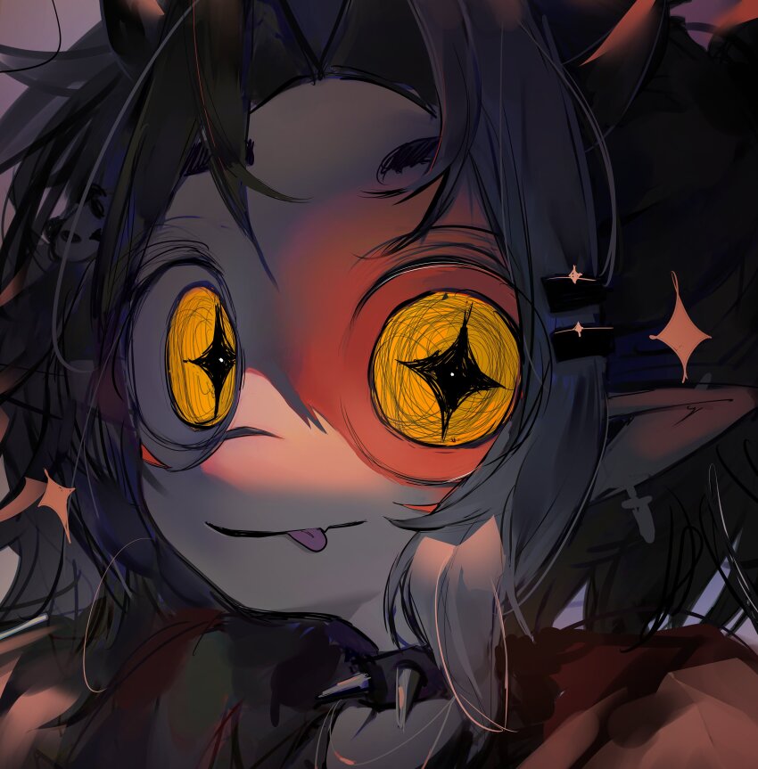 +_+ :p absurdres autooohyo black_hair black_horns collar earrings glowing glowing_eyes hair_ornament highres horns jewelry looking_at_viewer original pointy_ears spiked_collar spikes star_(symbol) tagme tongue tongue_out yellow_eyes