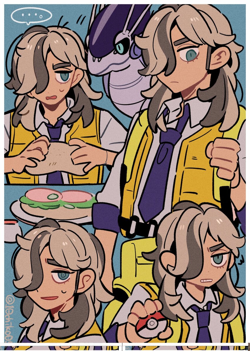 ... 10chiko05 1boy arm_up arms_up arven_(pokemon) backpack bag blue_background blue_eyes border brown_hair collared_shirt commentary_request food hair_behind_ear highres holding lettuce long_hair looking_at_viewer lower_eyelashes_only male_focus miraidon multicolored_hair multiple_views necktie nintendo open_mouth parted_bangs plate poke_ball poke_ball_(basic) pokemon pokemon_(creature) pokemon_sv popped_collar purple_necktie sandwich school_uniform shirt shirt_tucked_in sliced_meat small_sweatdrop speech_bubble spoken_ellipsis streaked_hair teeth twitter_username uva_academy_school_uniform vest white_shirt wing_collar yellow_vest