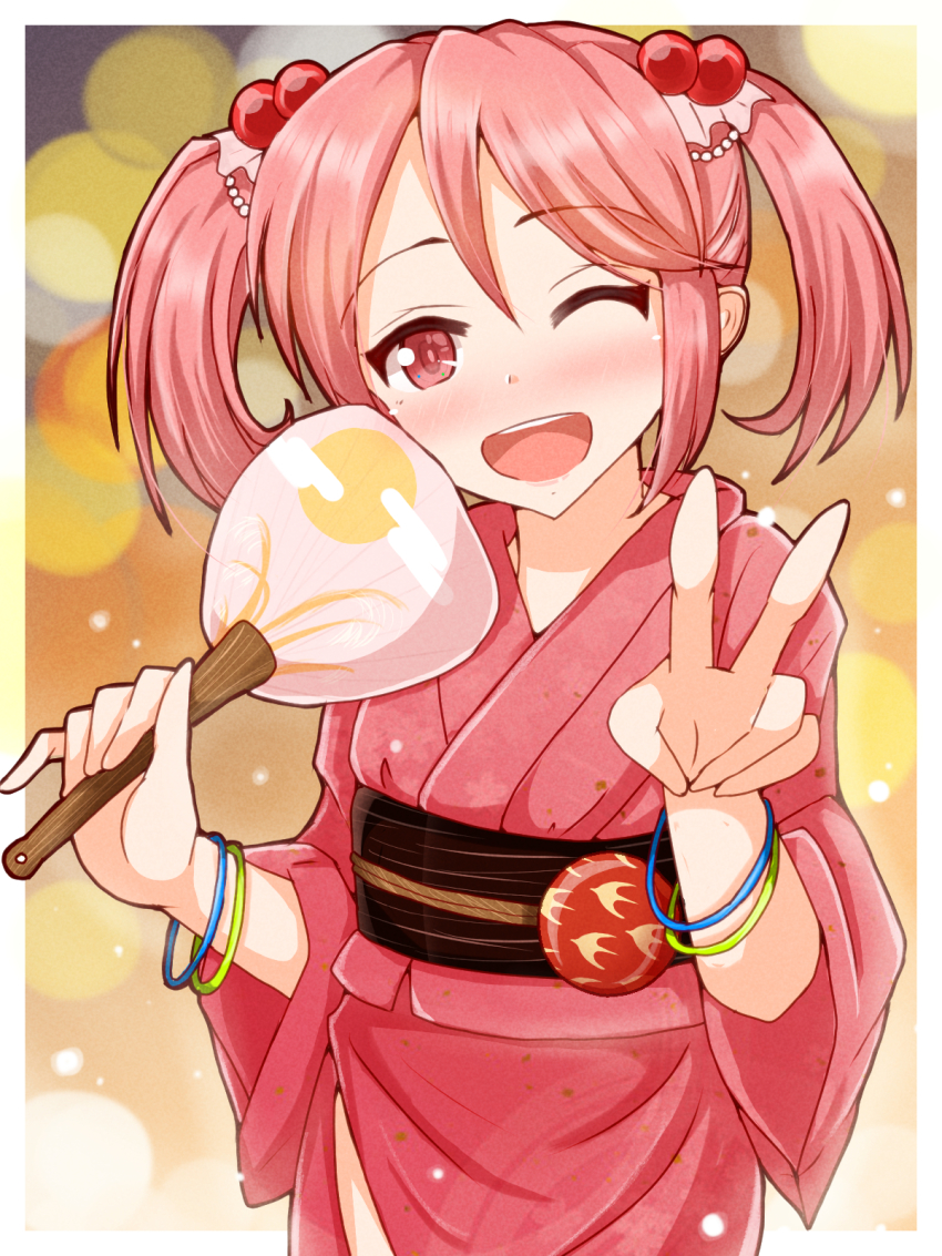 1girl alternate_costume hair_ornament hand_fan highres japanese_clothes kantai_collection kimono long_sleeves pink_eyes pink_hair pink_kimono sawatani_(chevalier_04056) sazanami_(kancolle) short_hair short_twintails twintails