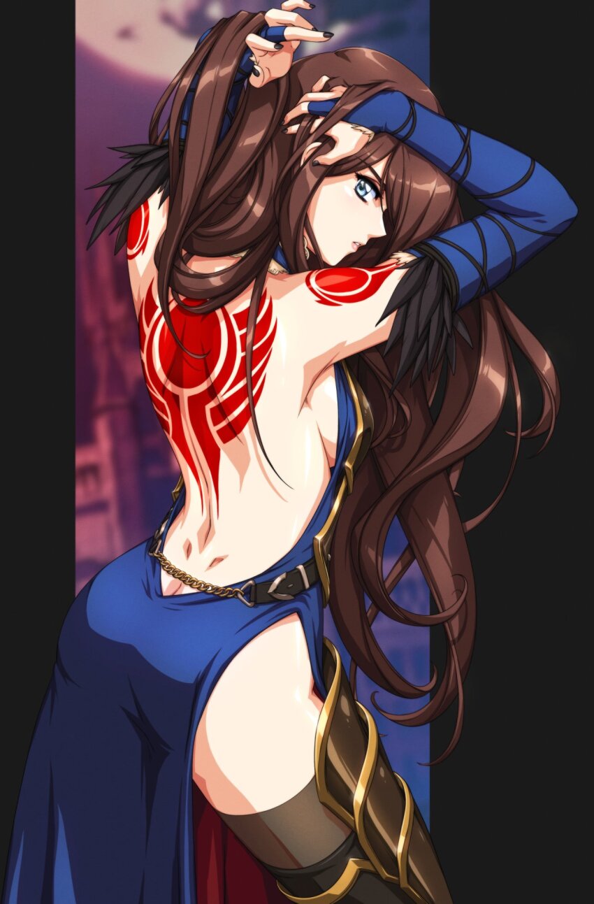1girl adjusting_hair armor armored_boots ass back_tattoo backless_outfit bare_back bare_shoulders blue_bridal_gauntlets blue_eyes boots breastplate breasts bridal_gauntlets brown_hair butt_crack castlevania:_order_of_ecclesia castlevania_(series) dimples_of_venus dress faulds from_behind highres long_hair looking_back shanoa_(castlevania) shoulder_tattoo side_slit sirknightbot solo tattoo thigh_boots thighhighs very_long_hair