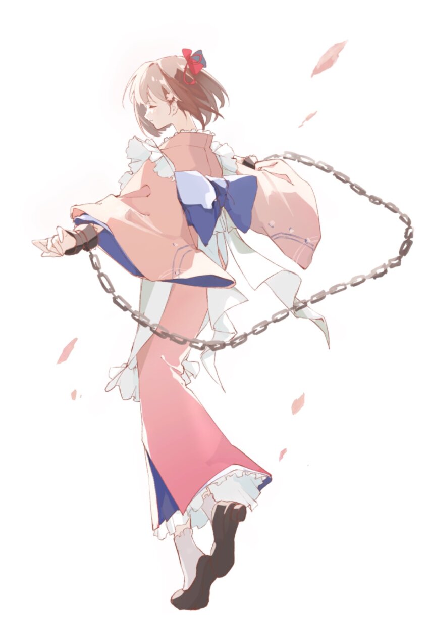 1girl apron black_shoes blue_bow bow brown_hair closed_eyes closed_mouth cuffs falling_petals flower full_body hair_bow hair_flower hair_ornament highres japanese_clothes kimono long_sleeves medium_hair mugisoba petals pink_flower pink_kimono red_bow reverse:1999 satsuki_(reverse:1999) shackles shoes simple_background socks solo white_apron white_background white_socks wide_sleeves