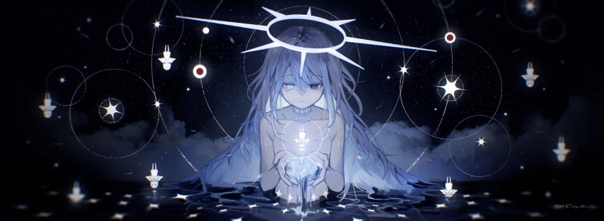 6+others androgynous black_eyes blue_eyes blue_hair cupping_hands dripping_eye glowing glowing_halo halo heterochromia highres long_hair mili_(band) multiple_others ooya_(july_26) own_hands_together solar_system solo_focus stitched_neck stitches tearing_up topless_other torino_(mili)