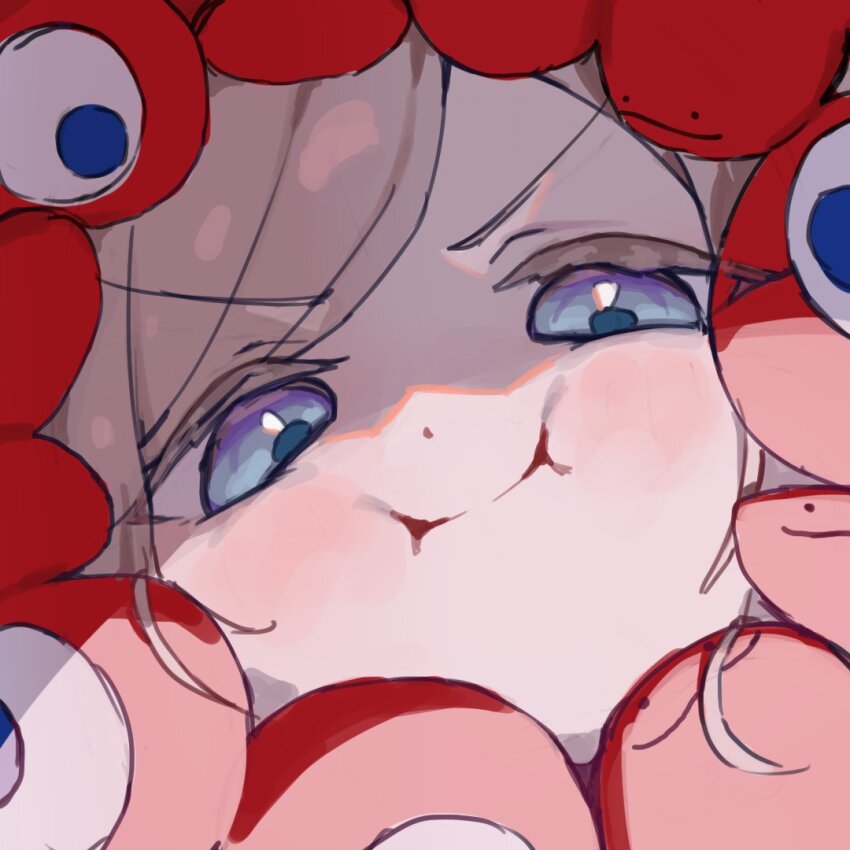 1girl :i blue_eyes blush ceras_yanagida_lilienfeld closed_mouth commentary_request expo2025 grey_hair link!_like!_love_live! looking_at_viewer love_live! myaku-myaku official_alternate_costume portrait puffy_cheeks smile solo sunkeun v-shaped_eyebrows virtual_youtuber