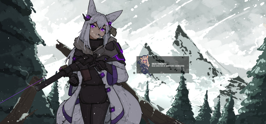1girl animal_ears as_val assault_rifle black_gloves black_pantyhose black_sweater character_name cigarette commentary cowboy_shot english_commentary english_text female_focus forest fox_ears fur_trim gloves glowing glowing_eyes grey_jacket gun hair_ornament highres holding integral_suppressor integrally-suppressed_firearm jacket kalashnikov_rifle kurin_(rimworld) long_sleeves looking_at_viewer military_operator mountain nature outdoors pantyhose pmc_promiscuity purple_eyes rifle rimworld shizu_fuwamiya_(shuuko) shuuko_(s_h_uuko) snow snowing solo standing suppressor sweater toz_(tulsky_oruzheiny_zavod) tree tsniitochmash tula_arms_plant weapon white_hair