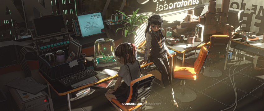 2girls absurdres black_hair blue_eyes brown_hair chair english_text faiz_azhar glasses highres id_card indoors computer_keyboard light_particles multiple_girls office_chair original plant science_fiction sitting swivel_chair