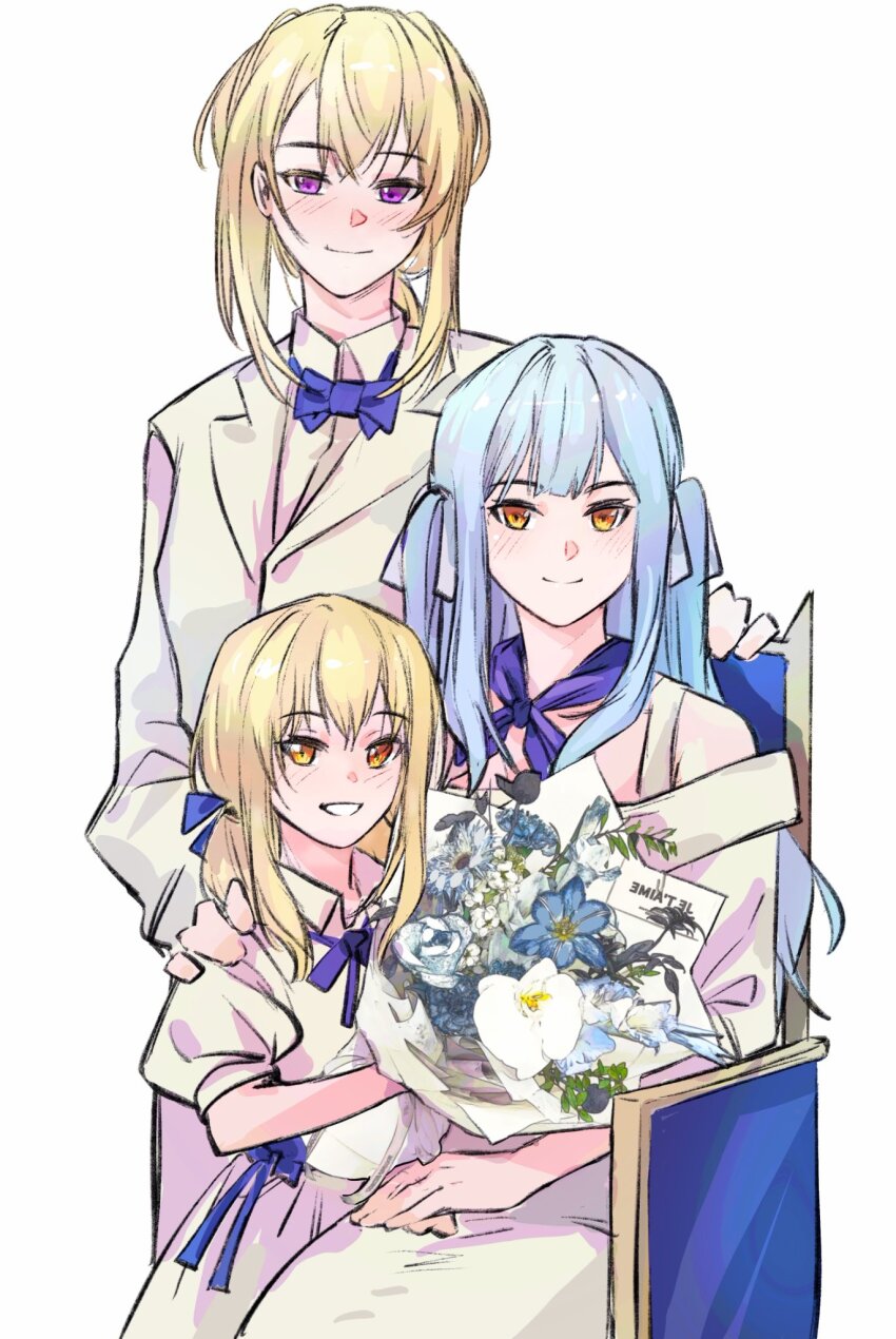 3girls bang_dream! bang_dream!_it&#039;s_mygo!!!!! blonde_hair blue_background blue_hair blush bouquet chair closed_mouth commentary dress family flower hashtag-only_commentary hero45439083942 highres holding holding_bouquet long_hair looking_at_viewer medium_hair misumi_uika mother_and_daughter multiple_girls open_mouth orange_hair original science_babies sidelocks simple_background togawa_hazuki togawa_sakiko white_background white_dress