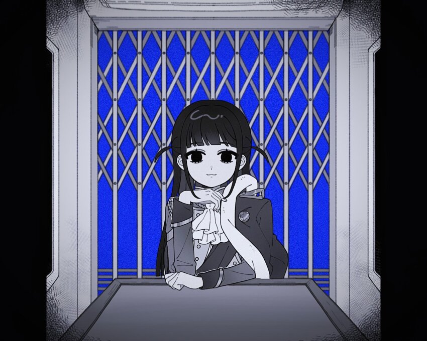 1girl :3 ascot blue_background chikyuu_no_ura_(cevio) closed_mouth commentary_request elevator elevator_door empty_eyes greyscale_with_colored_background indoors jacket jacket_on_shoulders long_hair long_sleeves looking_at_viewer parody pillarboxed sash shoujo_kageki_revue_starlight shoulder_sash smile solo straight-on table tsuyuzaki_mahiru two_side_up umi_usagi_(tako46065430) upper_body vignetting