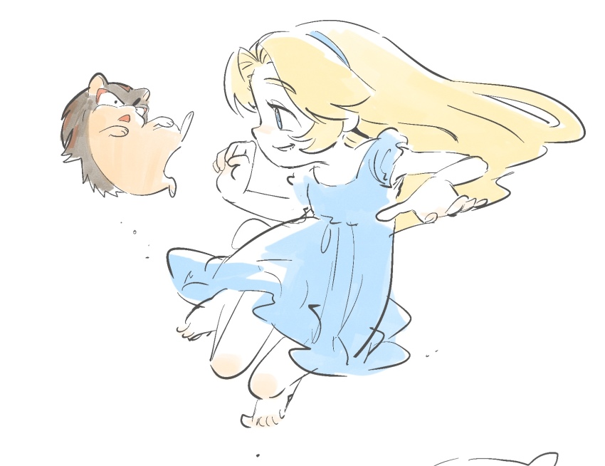 1girl animalization barefoot blonde_hair blue_dress blue_eyes dress hedgehog highres kucho_(ughhhh1110) looking_at_another maria_robotnik open_mouth shadow_the_hedgehog simple_background sketch sonic_(series) white_background