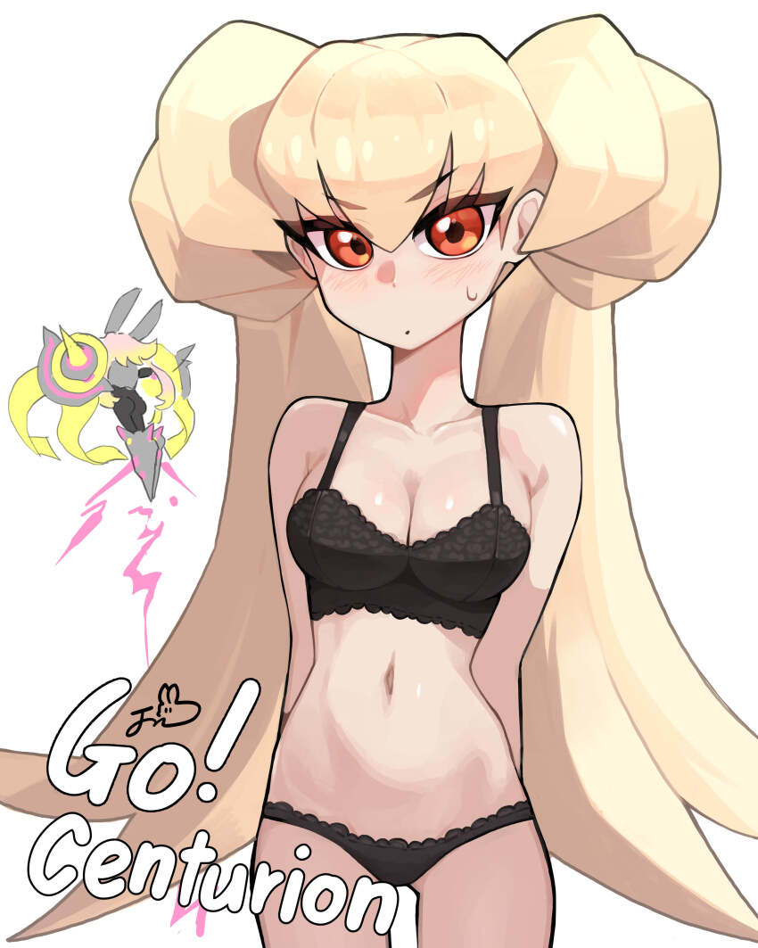 1girl absurdres black_bra black_panties blonde_hair bra breasts centur-ion_primera centur-ion_primera_primus cleavage cowboy_shot dillo_(smootharmadillo) duel_monster english_text hair_bun highres huge_hair_bun looking_at_viewer medium_breasts midriff navel orange_eyes panties solo standing twintails underwear underwear_only white_background yu-gi-oh!