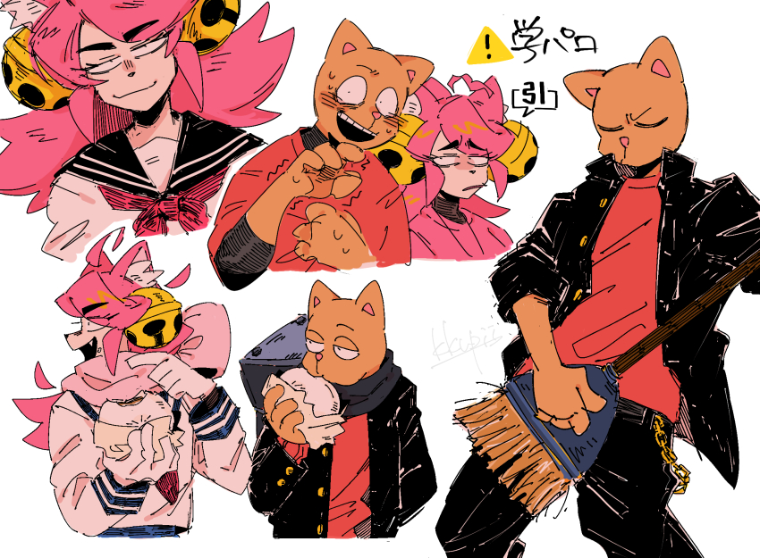 1boy 1girl animal_ears bell black_eyes black_gakuran black_jacket black_pants black_sailor_collar black_scarf broom broom_guitar burgerpants cat_boy cat_ears cat_girl cat_nose chain constricted_pupils crumbs detached_hair eating fangs food furry furry_male gakuran gold_chain hair_bell hair_ornament hand_on_own_chest hatching_(texture) highres jacket jewelry jingle_bell kkupiii looking_at_another looking_to_the_side mad_mew_mew mixed-language_commentary multiple_pov neckerchief necklace open_mouth orange_fur pants pink_scarf pink_shirt pov red_neckerchief red_shirt sailor_collar scarf school_uniform serafuku shaded_face shirt simple_background smile standing steamed_bun sweatdrop thick_eyebrows unbuttoned unconventional_guitar undertale white_background white_shirt