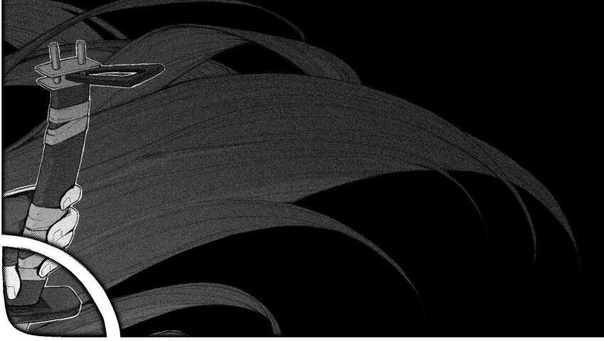 1girl black_background cyta_celest fingerless_gloves fingernails fox_girl gloves greyscale holding holding_sword holding_weapon hoshimi_miyabi long_hair monochrome out_of_frame simple_background solo sword weapon zenless_zone_zero