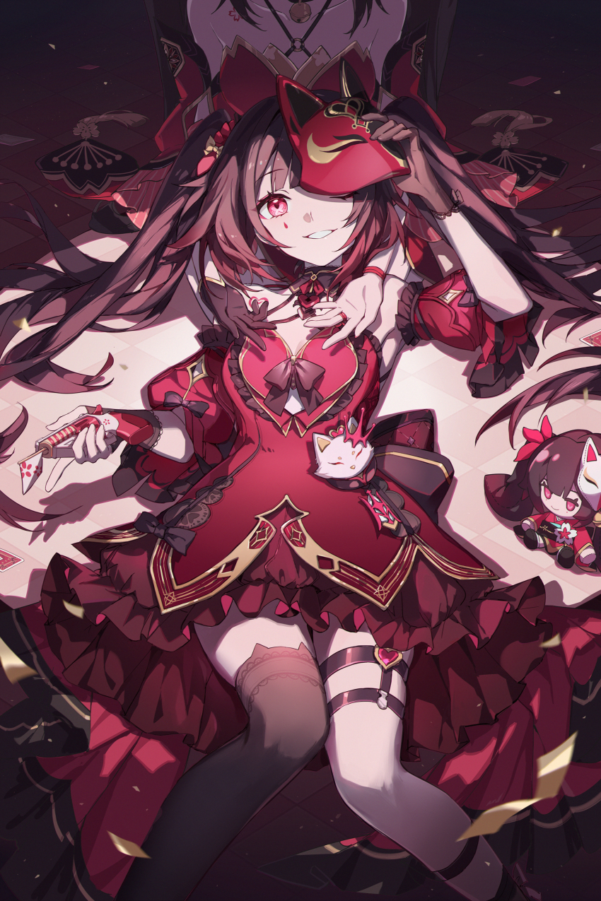 2girls absurdres asymmetrical_gloves asymmetrical_legwear black_bridal_gauntlets black_gloves black_socks black_thighhighs breasts bridal_gauntlets brown_hair detached_sleeves dress fox_mask gao_hai_takami gloves hand_up highres holding_toy_gun honkai:_star_rail honkai_(series) honkai_impact_3rd knee_strap long_hair looking_at_viewer mask mismatched_gloves multiple_girls official_alternate_costume pink_eyes red_dress short_sleeves single_glove small_breasts socks sparkle_(fictitious_game)_(honkai:_star_rail) sparkle_(honkai:_star_rail) thigh_strap thighhighs twintails uneven_legwear