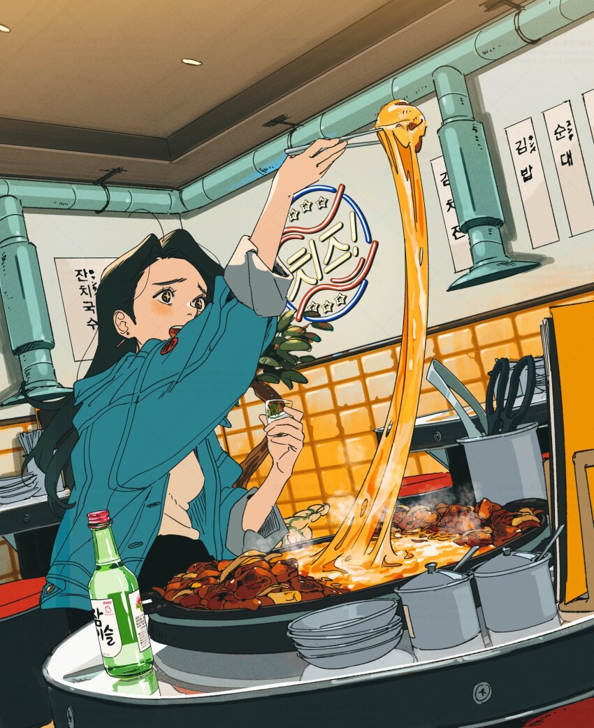 1girl alcohol all_nobori blue_jacket blush bottomless bowl chopsticks cooking cup drinking_glass dutch_angle earrings food highres holding holding_chopsticks holding_cup holding_food holding_with_chopsticks indoors jacket jewelry korean_text long_hair long_sleeves loose_hair_strand neon_sign on_chair open_mouth original shot_glass sitting sleeves_rolled_up slice_of_life soju solo star_(symbol) star_in_eye steam symbol_in_eye teeth tile_wall tiles upper_teeth_only ventilation_shaft white-framed_eyewear