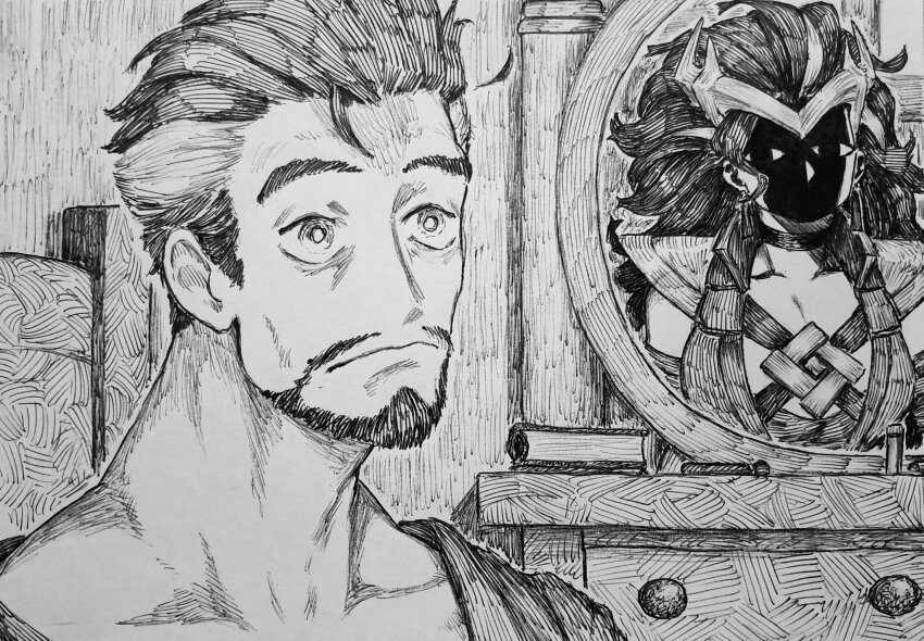 1boy 1girl angry animification avengers_(series) beard breasts chronozbergh closed_mouth facial_hair highres long_hair looking_at_viewer marvel marvel_rivals meme monochrome scarlet_witch shade superhero_costume tony_stark wanda_maximoff