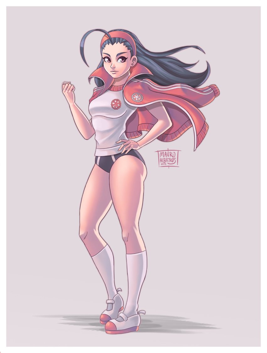 1girl ahoge artist_name ass black_hair breasts brown_eyes capcom gym_uniform hairband hand_on_own_hip highres iinchou_(justice_gakuen) jacket jacket_on_shoulders justice_gakuen kneehighs legs long_hair mauro_albatross medium_breasts socks thighs track_jacket