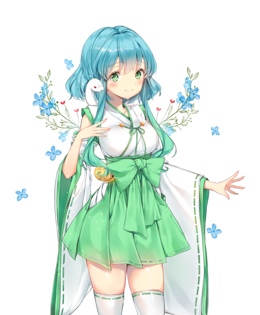 1girl animal bell blue_eyes blush breasts commentary commission female_focus flower green_eyes hakama hakama_short_skirt hakama_skirt highres japanese_clothes looking_at_viewer medium_breasts original serpent short_hair simple_background skirt smile solo tena thighhighs white_background white_thighhighs wide_sleeves zettai_ryouiki