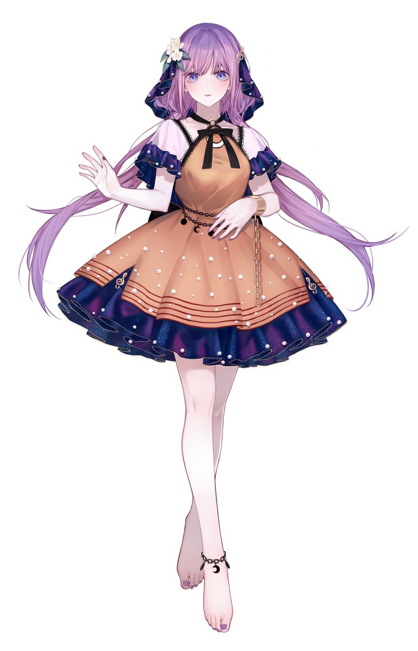1girl :d barefoot black_bow black_bowtie blush bow bowtie capelet chain commentary cuffs dress fingernails floating_hair flower frilled_dress frills full_body hair_flower hair_ornament highres houraisan_chouko leaf long_hair looking_at_viewer nail_polish open_mouth purple_eyes purple_hair purple_nails shackles smile solo teeth toenail_polish toenails touhou tsukumo_benben upper_teeth_only veil very_long_hair white_capelet white_flower yellow_dress