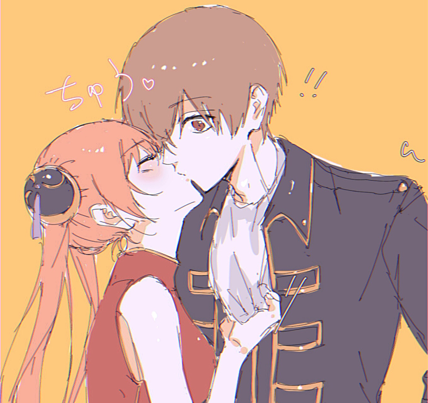 ! 1boy 1girl bare_arms black_jacket brown_hair bun_cover closed_eyes couple egakitai_(nhjx3285) gintama hetero highres jacket kagura_(gintama) kiss long_hair okita_sougo red_eyes short_hair simple_background sketch twintails upper_body yellow_background