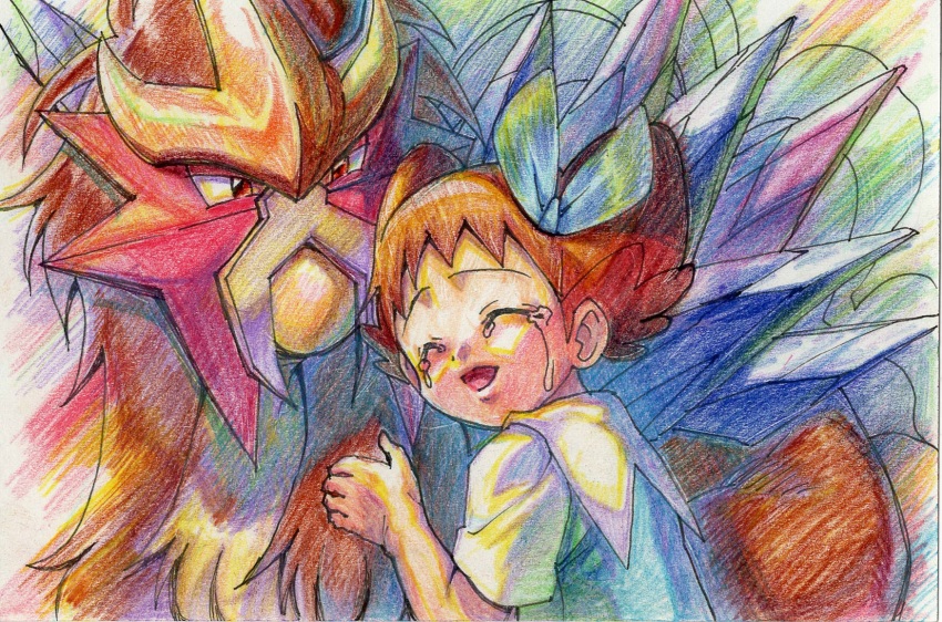 1girl 1other blonde_hair closed_eyes crying dress entei eyelashes gen_2_pokemon hair_ornament highres hug legendary_pokemon looking_at_another molly_hale nintendo pokemon pokemon_(anime) pokemon_(classic_anime) pokemon_(creature) pokemon_3:_the_movie_-_spell_of_the_unown:_entei short_sleeves smile teardrop tears traditional_media