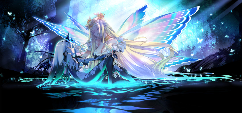 2girls afloat artist_collaboration aurora_(fate) avalon_le_fae_(fate/grand_order) blonde_hair braid breasts broken_horns broken_wing bug butterfly choco_(chocolate_shop) closed_eyes dragon_girl dragon_horns dragon_wings fairy fairy_wings fate/grand_order fate_(series) forest full_body game_cg glowing_liquid hand_on_another&#039;s_neck head_wreath holding_another&#039;s_arm horns insect jewelry large_breasts long_hair looking_at_another melusine_(fate) mud multiple_girls nature necklace off_shoulder official_art outdoors pointy_ears pond rainbow_wings sitting small_breasts smile support taa_(acid) tree wariza water white_hair wings yellow_eyes