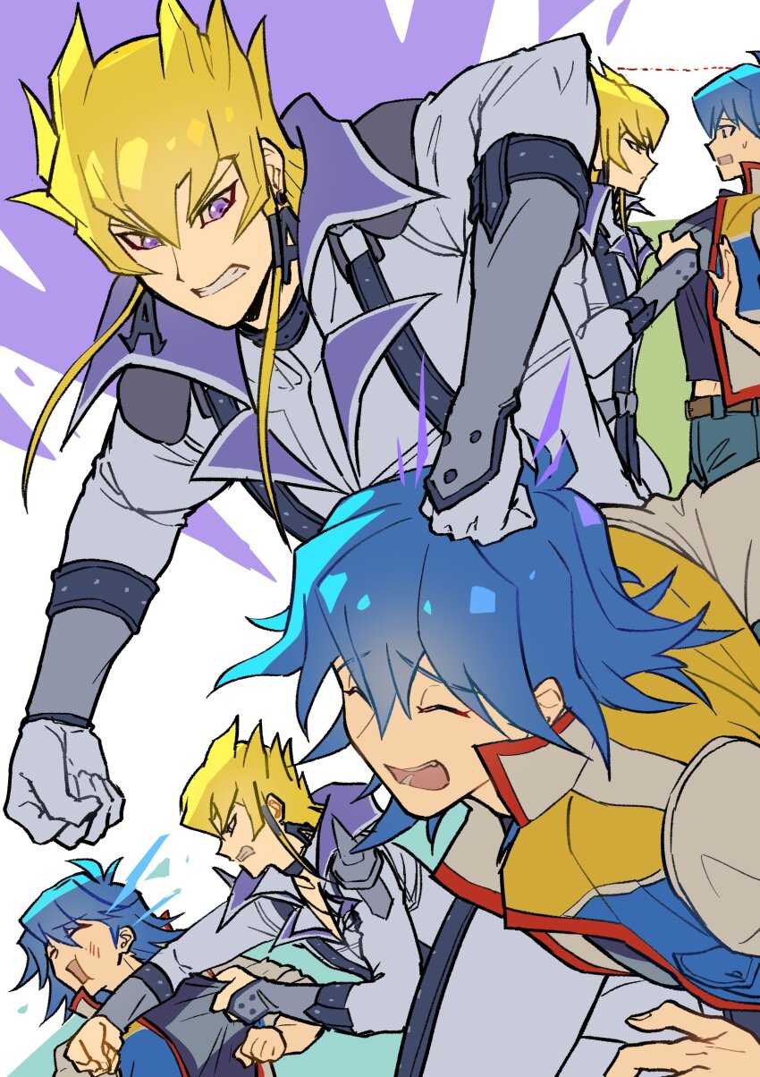 2boys absurdres black_shirt blonde_hair blue_hair blue_pants bonk bruno_(yu-gi-oh!) clenched_hands clenched_teeth closed_eyes clothes_grab coat earrings highres jack_atlas jacket jewelry letter_earrings medium_hair multiple_boys nervous open_clothes open_jacket pants punching purple_eyes shirt shirt_grab short_hair sidelocks spiked_hair teeth white_coat white_jacket white_pants youko-shima yu-gi-oh! yu-gi-oh!_5d&#039;s