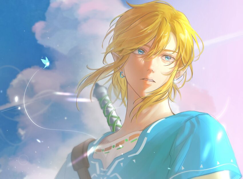 1boy absurdres aqua_eyes aqua_tunic blonde_hair cloud cloudy_sky d_chae9 earrings fairy hair_between_eyes highres jewelry link low_ponytail male_focus navi nintendo parted_lips pointy_ears ponytail sidelocks sky sunlight the_legend_of_zelda the_legend_of_zelda:_breath_of_the_wild tunic upper_body weapon weapon_on_back