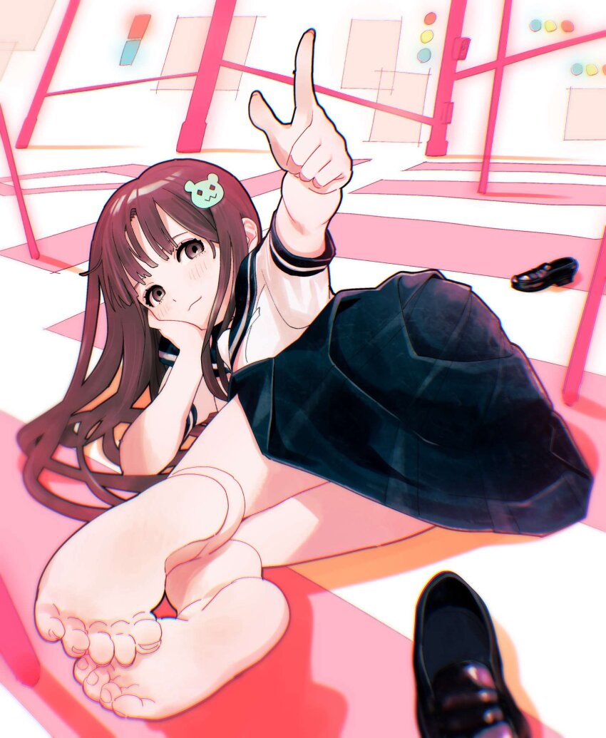 1girl barefoot black_sailor_collar black_skirt brown_eyes brown_hair character_request closed_mouth copyright_request feet foot_focus full_body hair_ornament head_rest highres kawamitsu legs_together loafers long_hair looking_at_viewer lying miniskirt on_side pink_background pleated_skirt pointing pointing_up sailor_collar school_uniform shadow shirt shoes short_sleeves skirt soles solo toe_scrunch toenails toes two-tone_background unworn_shoes very_long_hair white_background white_shirt