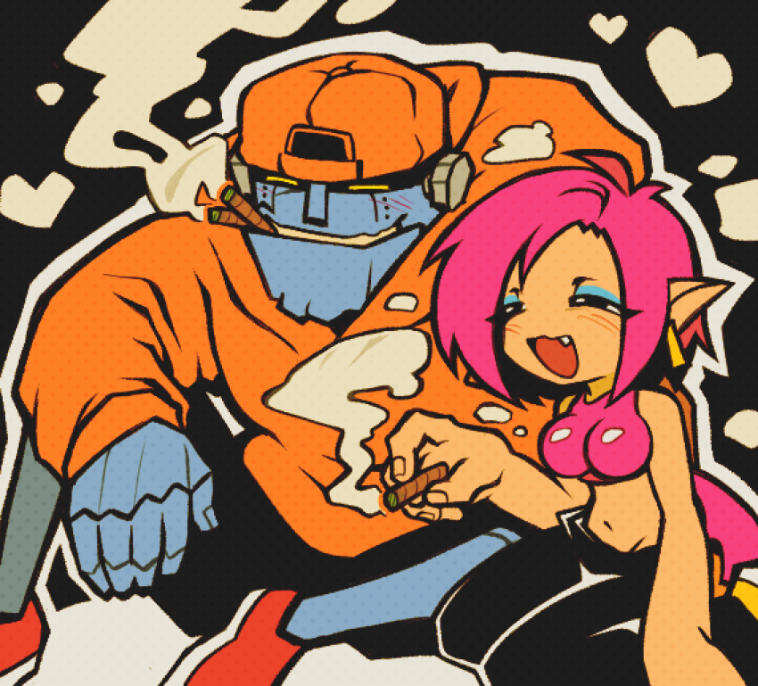 1boy 1girl backwards_hat baseball_cap black_pants black_shorts blush churroboy closed_eyes clothed_robot crop_top daito_giken_koushiki_pachi-slot_simulator earrings f.k._(shake2) fang hat hood hoodie humanoid_robot jewelry joint_(drug) kneeling marijuana metal_skin midriff nadja_(shake2) object_through_head on_floor open_mouth orange_headwear orange_hoodie pants pink_hair pink_shirt pointy_ears red_footwear robot screw_in_head shake2 shirt shorts sitting smile smoke smoke_heart smoking