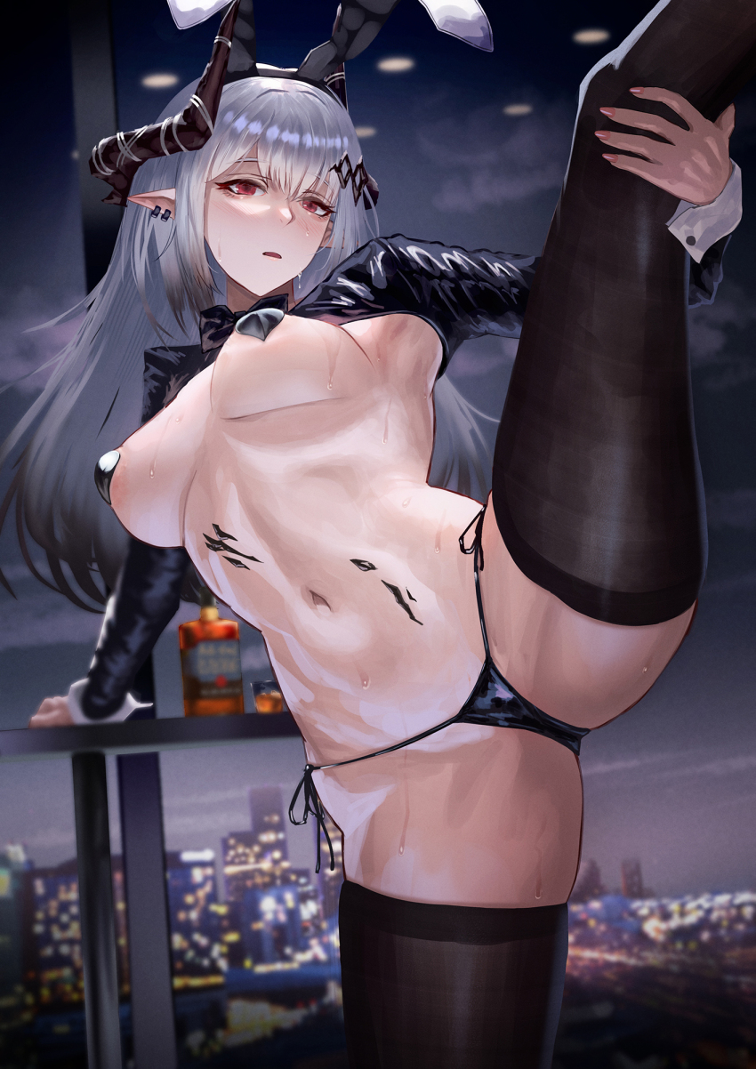 1girl alcohol animal_ears arknights black_bow black_bowtie black_horns black_pasties black_thighhighs blush bow bowtie breasts city_lights cityscape commission covered_erect_nipples cup demon_horns drinking_glass earrings embarrassed fake_animal_ears gino_(gino_h) grey_hair heart_pasties highres horns jewelry large_breasts leaning_on_table leg_lift liquor long_hair looking_at_viewer material_growth meme_attire mudrock_(arknights) nail_polish navel night night_sky open_mouth oripathy_lesion_(arknights) pasties pink_nails pointy_ears rabbit_ears red_eyes revealing_clothes reverse_bunnysuit reverse_outfit skeb_commission sky solo standing standing_on_one_leg thighhighs thighs white_hair window wrist_cuffs