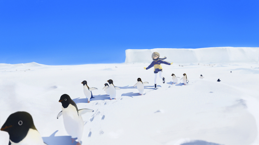 1girl animal bang_dream! bang_dream!_it&#039;s_mygo!!!!! bird blue_jacket blue_scarf blue_shorts blue_sky day footprints gloves grey_hair highres jacket multicolored_jacket outdoors outstretched_arms pantyhose penguin scarf shorts sky solo takamatsu_tomori two-tone_jacket white_pantyhose yellow_gloves yellow_jacket zxoy