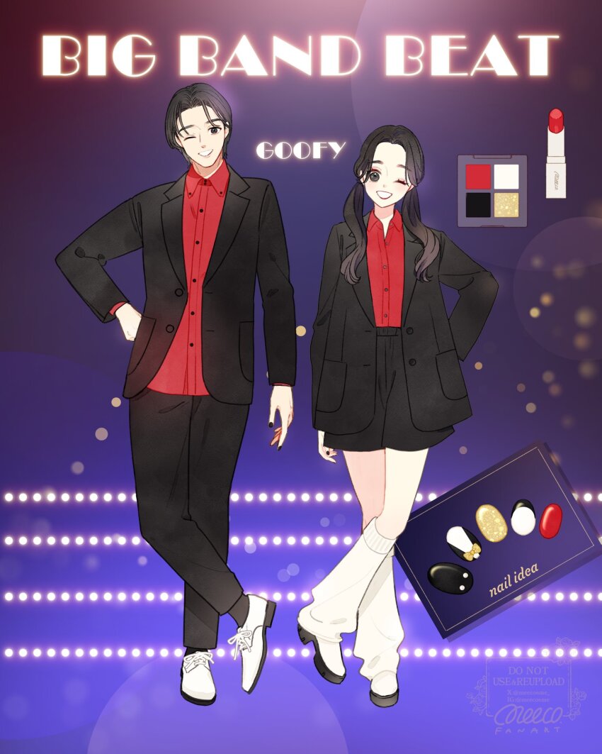 1boy 1girl black_hair character_name disneyland dual_persona english_text genderswap goofy highres looking_at_viewer meecosme mickey_mouse_&amp;_friends nail_polish open_mouth pants shirt short_hair shorts smile twintails