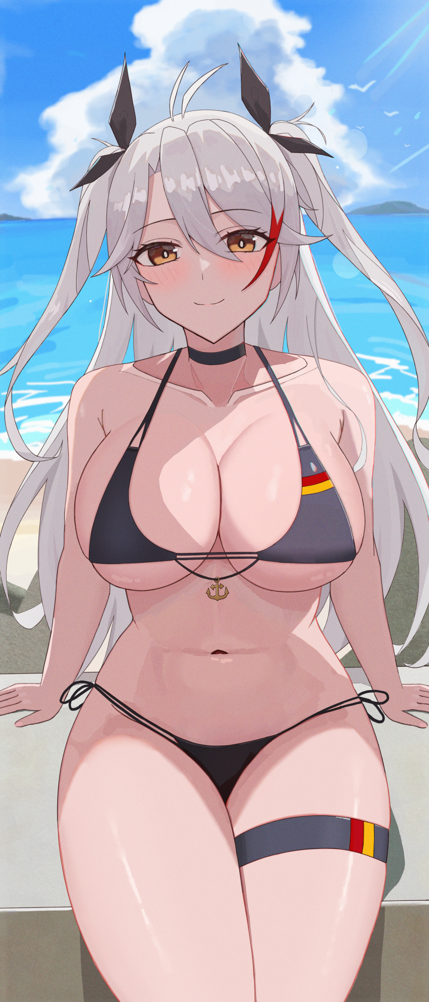 1girl absurdres antenna_hair asyux azur_lane bikini black_bikini black_choker breasts choker collarbone commentary day flag_print german_flag german_flag_bikini hair_between_eyes highres large_breasts long_hair looking_at_viewer multicolored_hair navel ocean official_alternate_costume orange_eyes outdoors prinz_eugen_(azur_lane) prinz_eugen_(unfading_smile)_(azur_lane) side-tie_bikini_bottom sitting solo streaked_hair swimsuit water white_hair