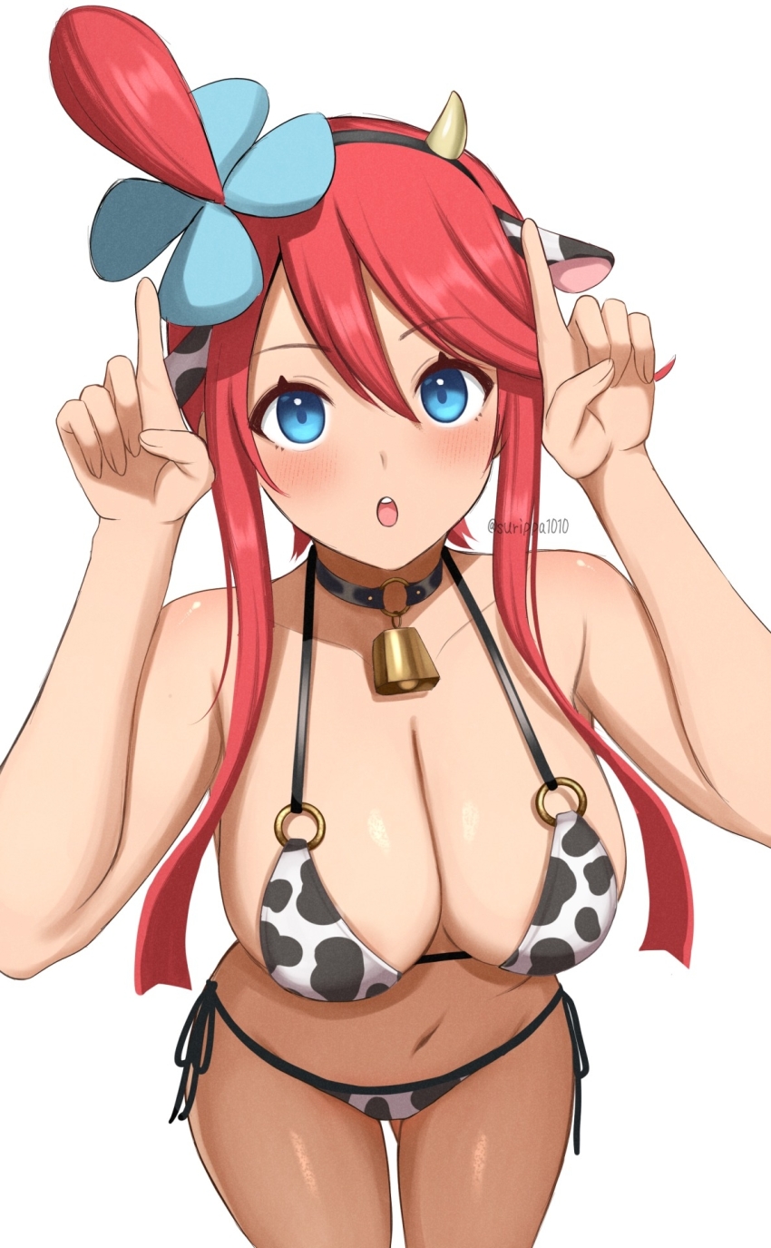 1girl :o animal_ears animal_print bell bikini black_choker blue_eyes blush breasts choker cow_ears cow_horns cow_print cowboy_shot fake_animal_ears fake_horns hair_ornament hands_up highres horns horns_pose index_finger_raised large_breasts navel neck_bell nintendo one_side_up pokemon pokemon_bw print_bikini red_hair sidelocks simple_background skyla_(pokemon) solo stomach surippa1010 swimsuit white_background