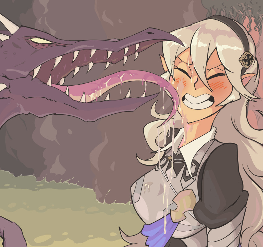 1boy 1girl absurdres blush breasts clenched_teeth closed_eyes commission commissioner_upload corrin_(female)_(fire_emblem) crossover davewaterfalls dragon drooling fire_emblem fire_emblem_fates hair_between_eyes hairband highres horns licking licking_another&#039;s_face long_hair long_tongue metroid nintendo pointy_ears ridley saliva saliva_trail super_smash_bros. teeth tongue tongue_out