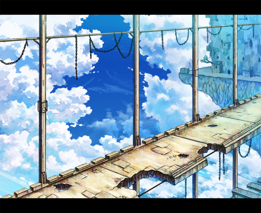 black_border blue_sky border branch bridge broken_bridge chain cloud cloudy_sky dirt mizuasagi no_humans original outdoors scenery sky