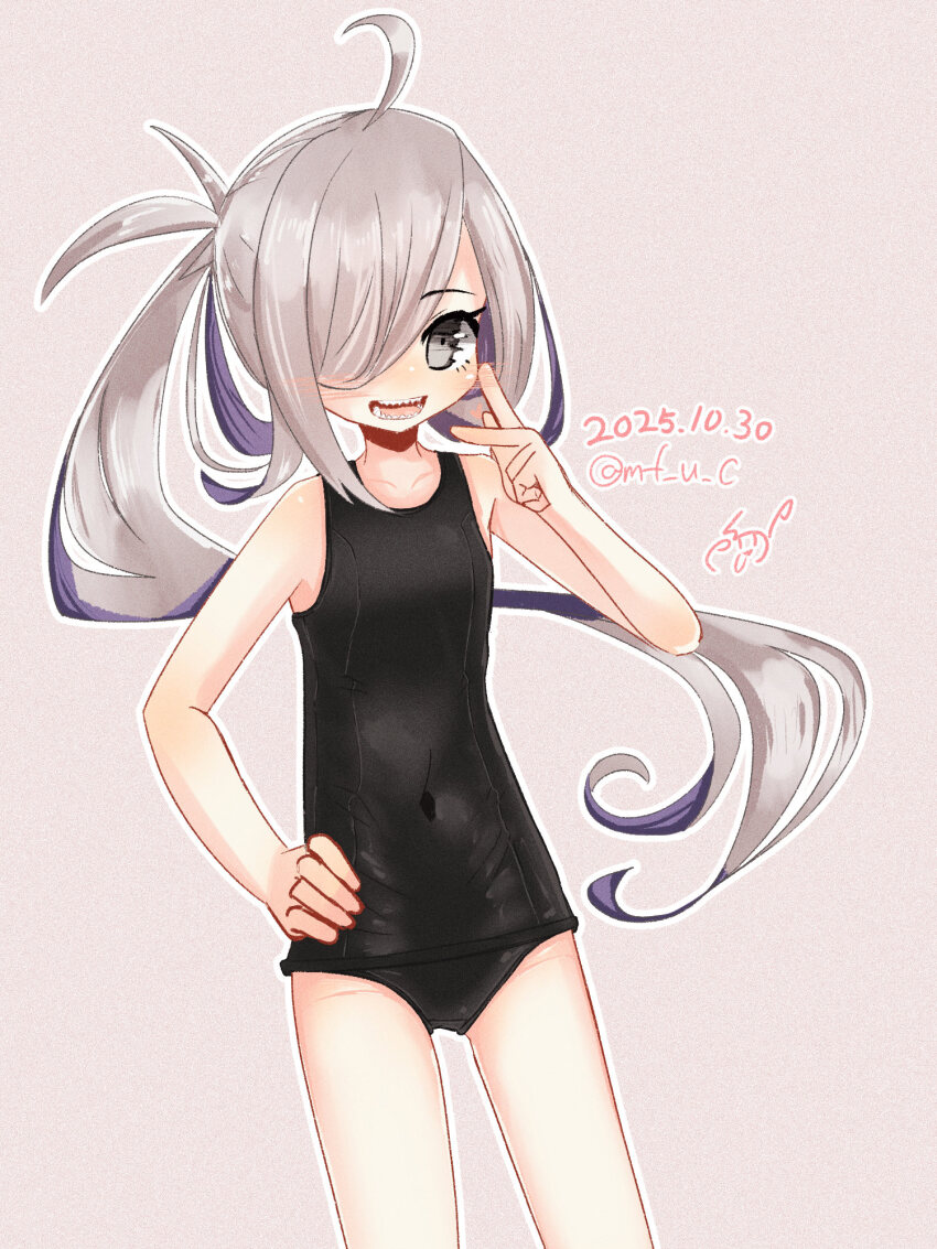 1girl ahoge aqua_bow asashimo_(kancolle) black_one-piece_swimsuit bow breasts covered_navel dated feet_out_of_frame grey_background grey_eyes grey_hair hair_over_one_eye hand_on_own_hip highres kantai_collection looking_at_viewer mf_u_c old_school_swimsuit one-piece_swimsuit ponytail school_swimsuit signature small_breasts solo swimsuit twitter_username