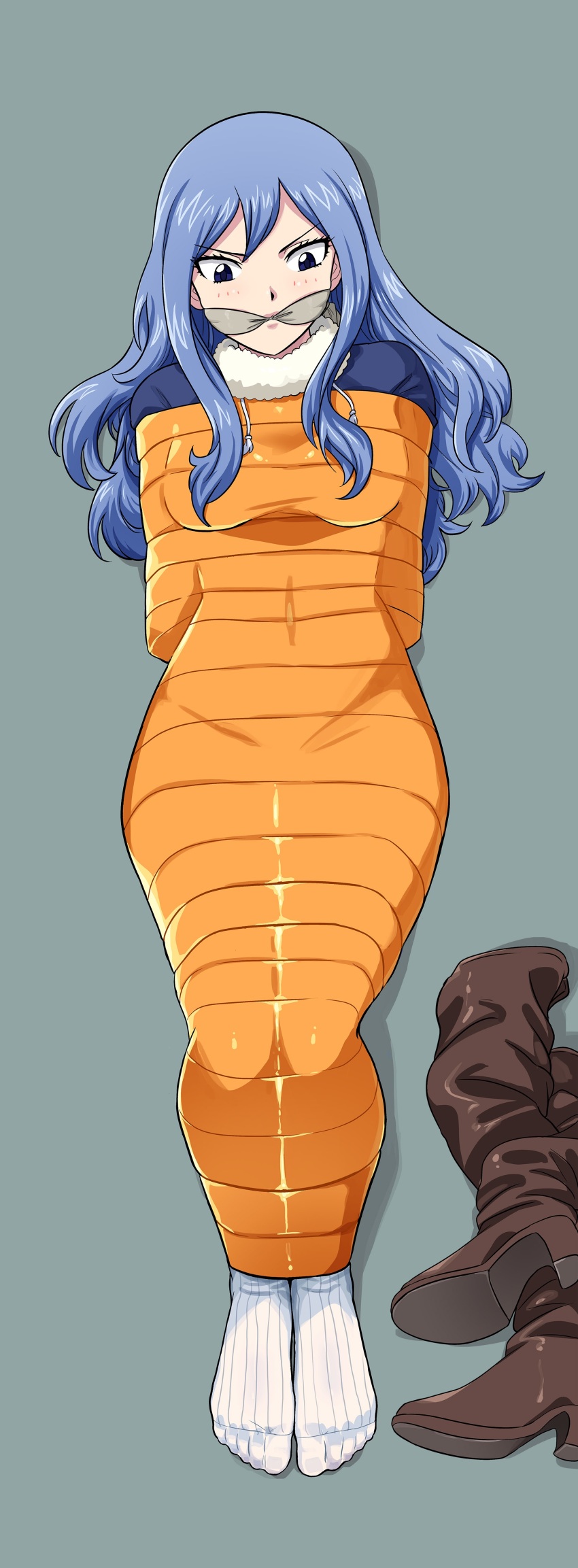 1girl absurdres arms_behind_back belt blue_eyes blue_hair blush bound bound_ankles bound_arms bound_legs bound_torso breasts cleave_gag cloth_gag fairy_tail gag gagged highres improvised_gag juvia_lockser lost_one_zero mummification_(bound) tape tape_bondage