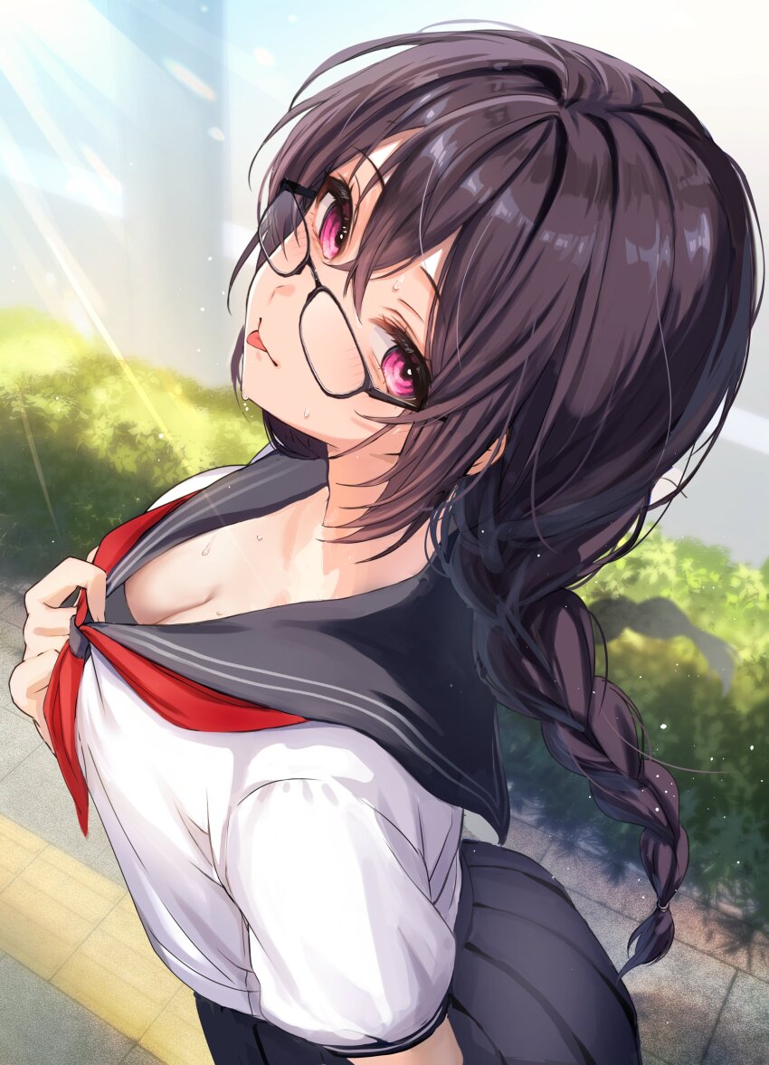 1girl absurdres black_sailor_collar black_skirt braid breasts brown_hair cleavage cleavage_reach clothes_pull collarbone commentary_request dappled_sunlight downblouse from_side glasses head_tilt highres light_particles light_rays long_hair looking_at_viewer looking_over_eyewear medium_breasts neckerchief original outdoors pleated_skirt red_eyes red_neckerchief sailor_collar school shirt shirt_pull skirt solo sunlight sweat tongue tongue_out white_shirt yufou